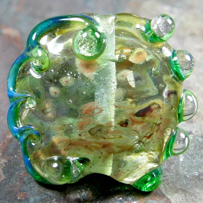 Handmade Lampwork Glass Focal Bead, XL Lentil Clear Raku Green Shiny