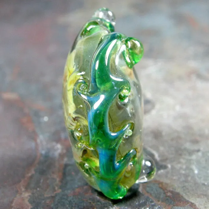 Handmade Lampwork Glass Focal Bead, XL Lentil Clear Raku Green Shiny