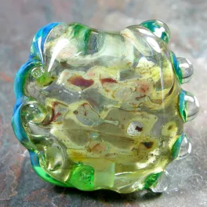 Handmade Lampwork Glass Focal Bead, XL Lentil Clear Raku Green Shiny