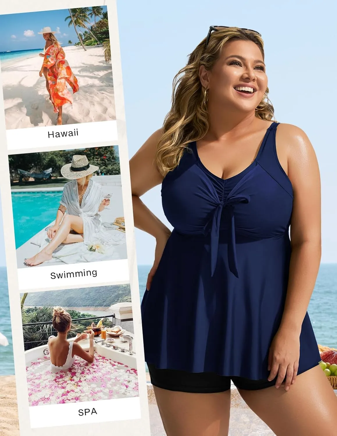 Hanna Nikole Womens Plus Size Tankini Swimsuit V Neck Tie Wrap Flowy Swim Tops with Boy Shorts Bathing Suit
