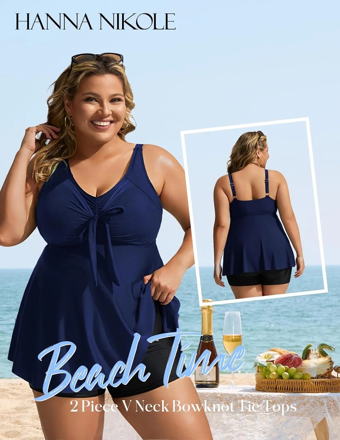Hanna Nikole Womens Plus Size Tankini Swimsuit V Neck Tie Wrap Flowy Swim Tops with Boy Shorts Bathing Suit