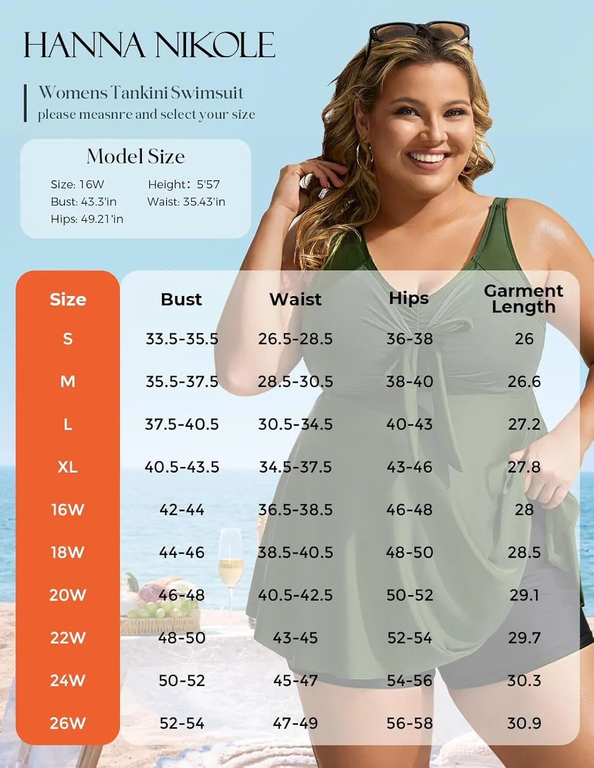 Hanna Nikole Womens Plus Size Tankini Swimsuit V Neck Tie Wrap Flowy Swim Tops with Boy Shorts Bathing Suit