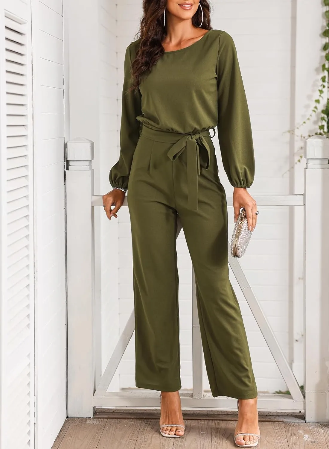 Happy Sailed Womens Dressy Jumpsuits Long Sleeve Belted Wide Leg Pant Romper Jumpsuit Wedding Guest Outfits
