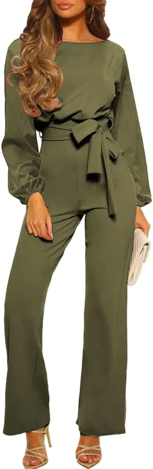 Happy Sailed Womens Dressy Jumpsuits Long Sleeve Belted Wide Leg Pant Romper Jumpsuit Wedding Guest Outfits