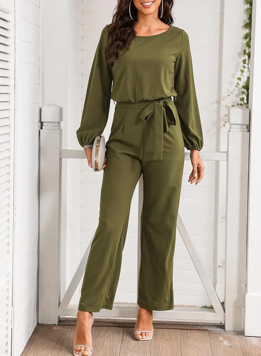 Happy Sailed Womens Dressy Jumpsuits Long Sleeve Belted Wide Leg Pant Romper Jumpsuit Wedding Guest Outfits