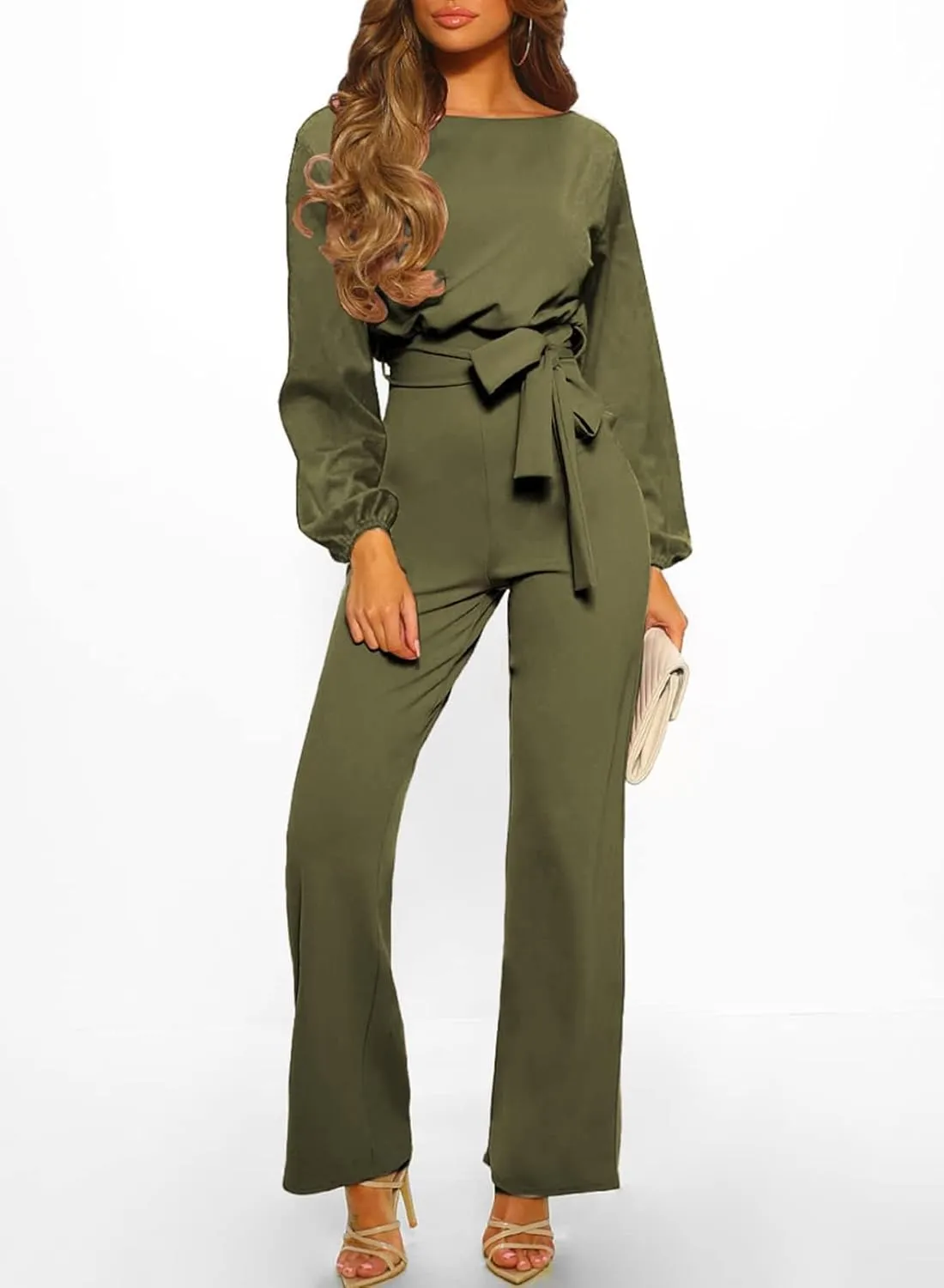 Happy Sailed Womens Dressy Jumpsuits Long Sleeve Belted Wide Leg Pant Romper Jumpsuit Wedding Guest Outfits