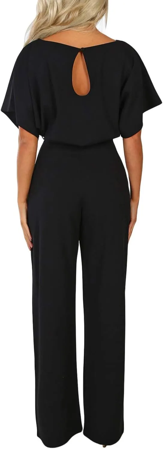Happy Sailed Womens Loose Short Sleeve Belted Wide Leg Pant Romper Jumpsuit Business Casual One Piece Outfits