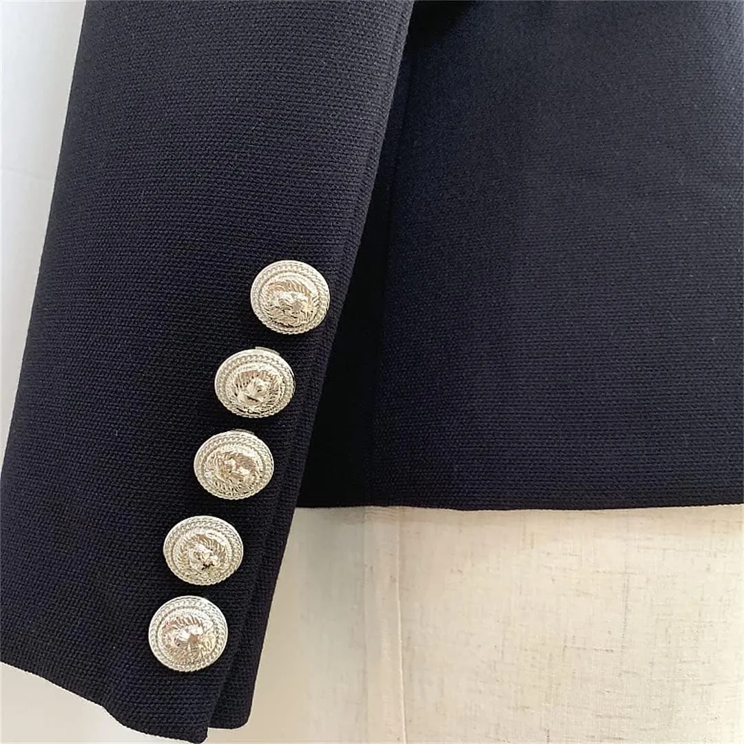 High Street Blazer Women's Double Breasted Metal Lion Silver Buttons Blazer Jacket