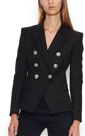 High Street Blazer Women's Double Breasted Metal Lion Silver Buttons Blazer Jacket