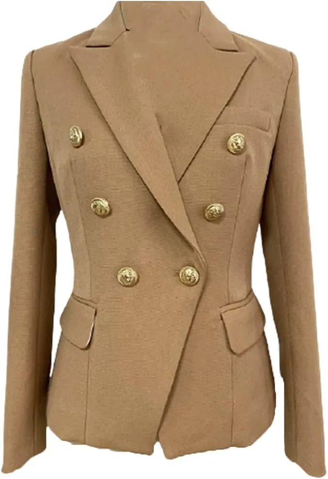 High Street Blazer Women's Double Breasted Metal Lion Silver Buttons Blazer Jacket