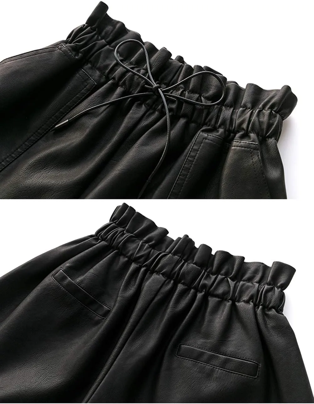 High Waisted Wide Leg Black Faux Leather Shorts for Women
