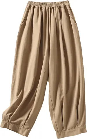 Hndudnff Women Summer Cotton Trousers Casual Loose Calf-Length Harem Pants Solid Wide Leg Pants