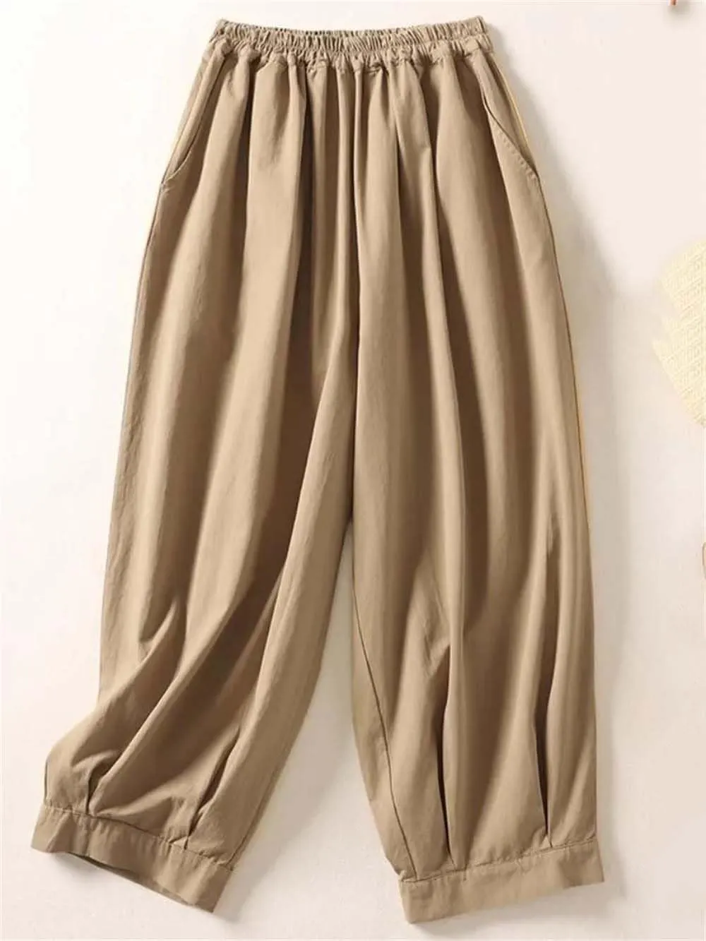 Hndudnff Women Summer Cotton Trousers Casual Loose Calf-Length Harem Pants Solid Wide Leg Pants