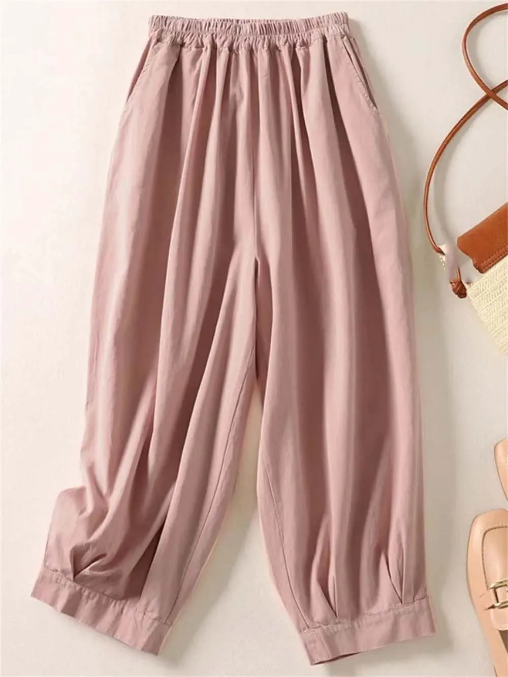 Hndudnff Women Summer Cotton Trousers Casual Loose Calf-Length Harem Pants Solid Wide Leg Pants