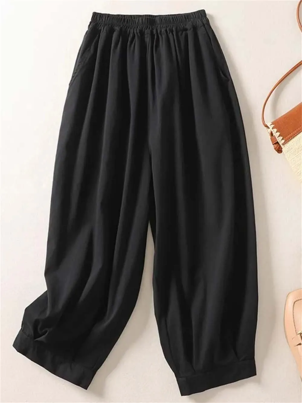 Hndudnff Women Summer Cotton Trousers Casual Loose Calf-Length Harem Pants Solid Wide Leg Pants