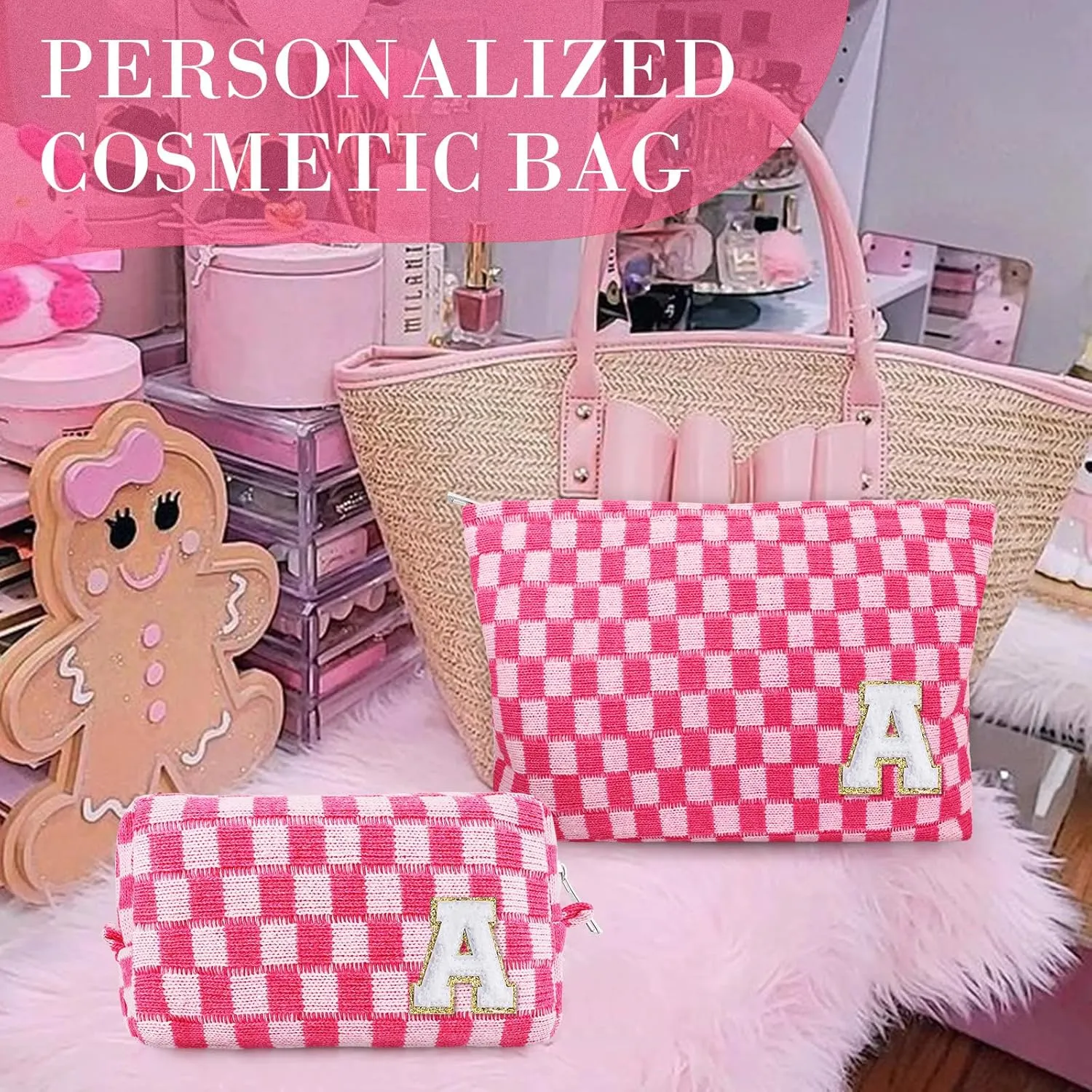 Initial Makeup Bags, Monogrammed Gifts for Women, Checkered Cosmetic Bag Travel Toiletry Bag Makeup Pouches Large Capacity Storage Bags - Personalized Bridesmaid, Birthday Gifts for Her Mom Friend