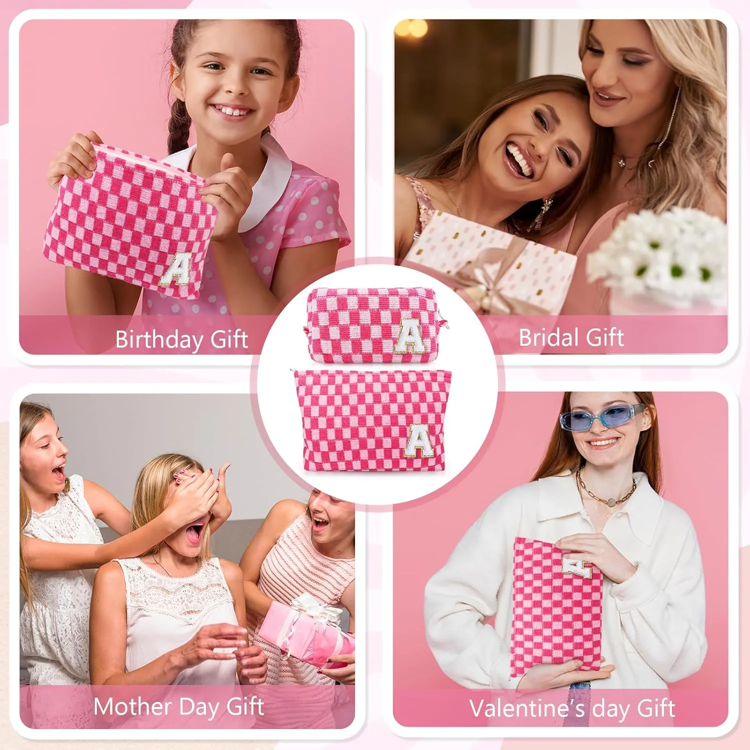 Initial Makeup Bags, Monogrammed Gifts for Women, Checkered Cosmetic Bag Travel Toiletry Bag Makeup Pouches Large Capacity Storage Bags - Personalized Bridesmaid, Birthday Gifts for Her Mom Friend