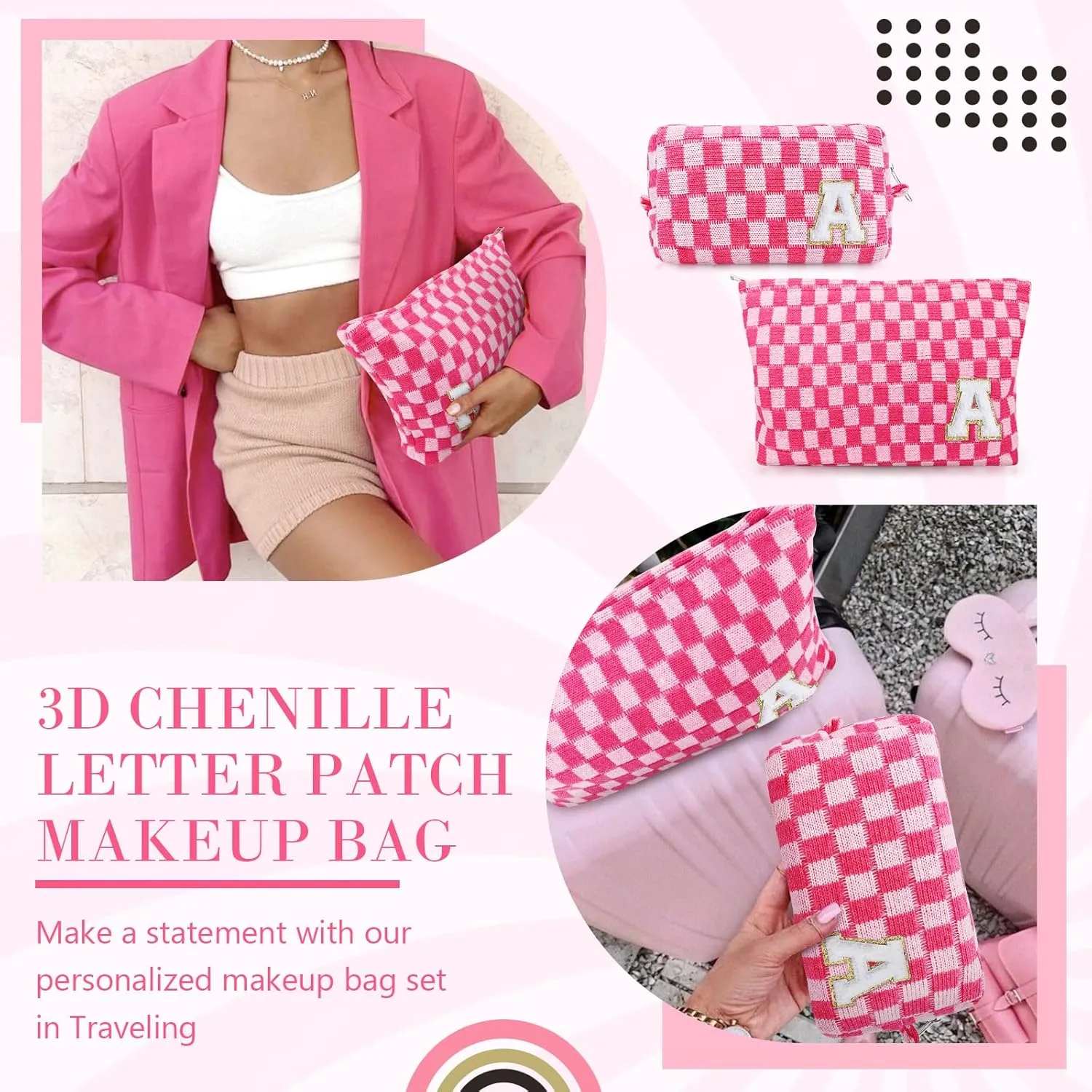 Initial Makeup Bags, Monogrammed Gifts for Women, Checkered Cosmetic Bag Travel Toiletry Bag Makeup Pouches Large Capacity Storage Bags - Personalized Bridesmaid, Birthday Gifts for Her Mom Friend