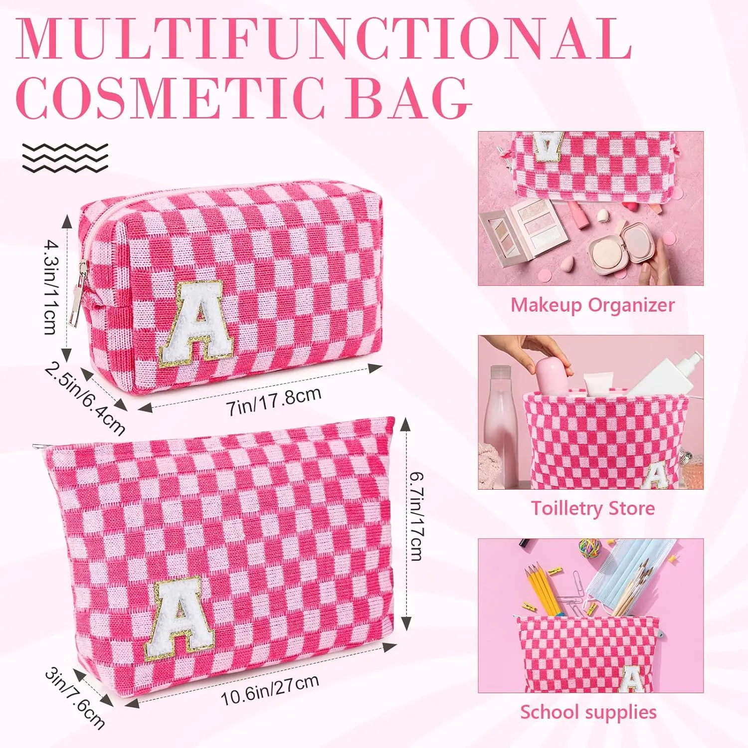 Initial Makeup Bags, Monogrammed Gifts for Women, Checkered Cosmetic Bag Travel Toiletry Bag Makeup Pouches Large Capacity Storage Bags - Personalized Bridesmaid, Birthday Gifts for Her Mom Friend