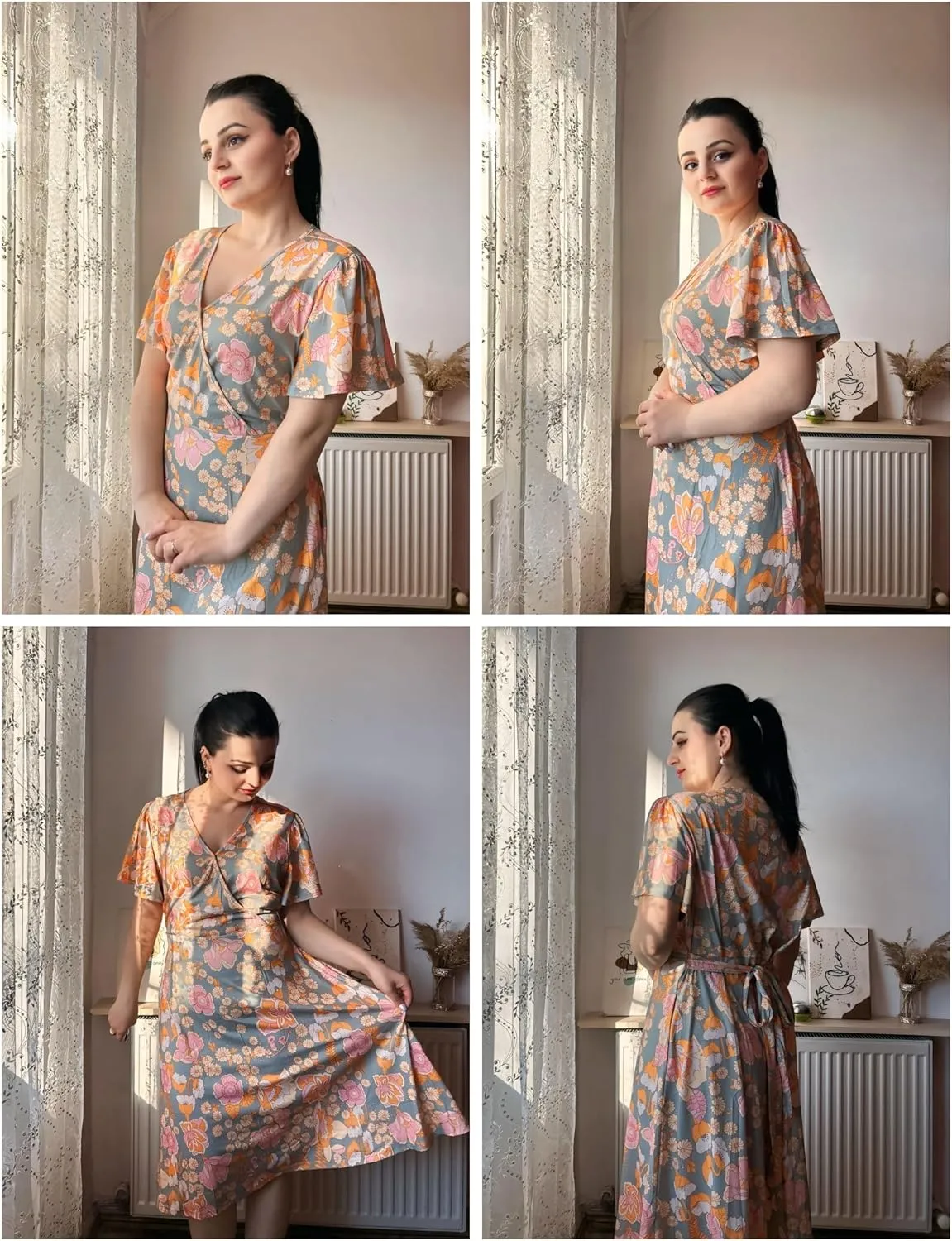 IN'VOLAND Women's Plus Size V Neck Knee Length Dress Casual Floral Dresses Summer Short Sleeve Sundress with Pockets