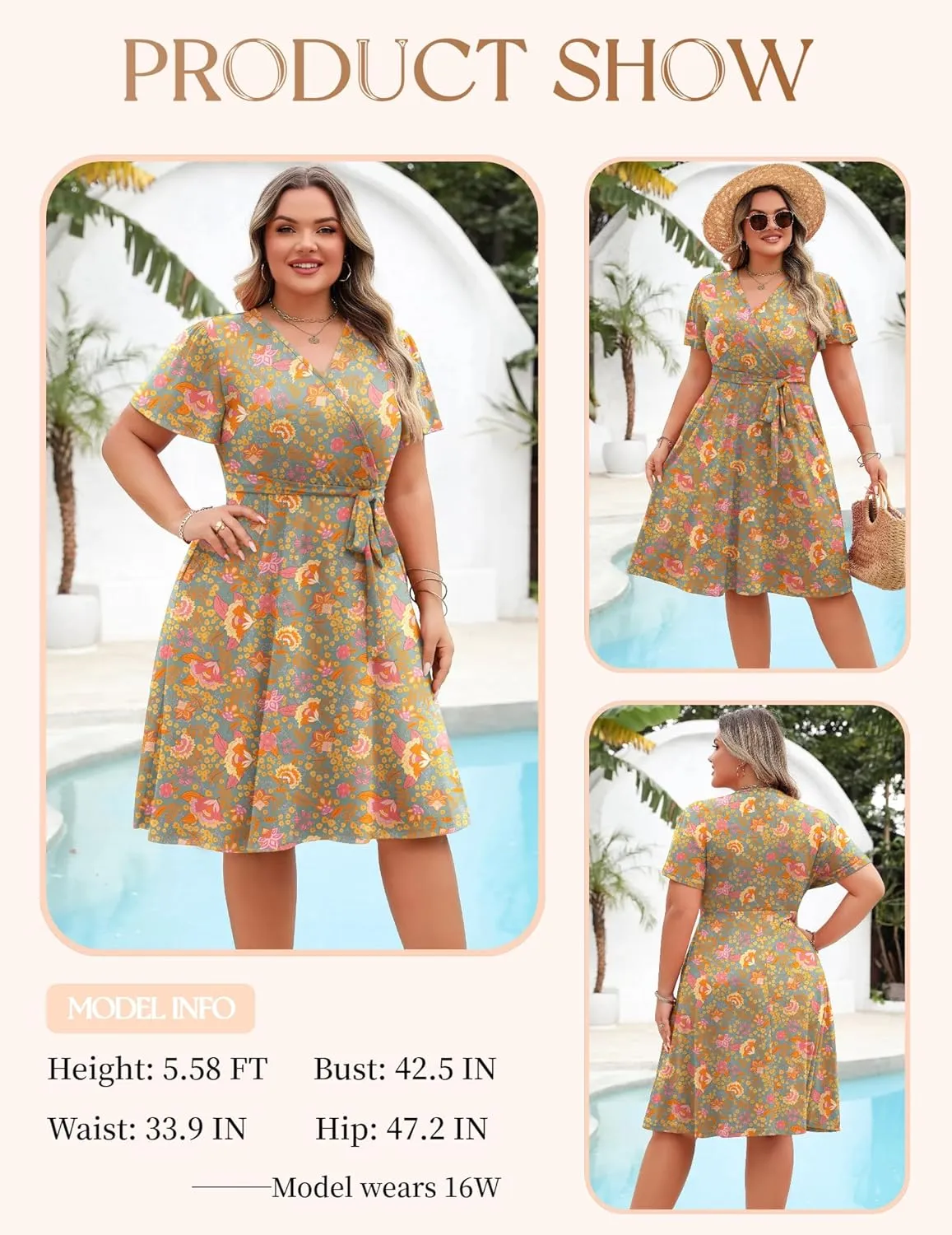 IN'VOLAND Women's Plus Size V Neck Knee Length Dress Casual Floral Dresses Summer Short Sleeve Sundress with Pockets