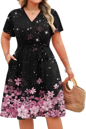 IN'VOLAND Women's Plus Size V Neck Knee Length Dress Casual Floral Dresses Summer Short Sleeve Sundress with Pockets