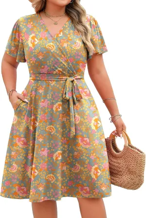 IN'VOLAND Women's Plus Size V Neck Knee Length Dress Casual Floral Dresses Summer Short Sleeve Sundress with Pockets