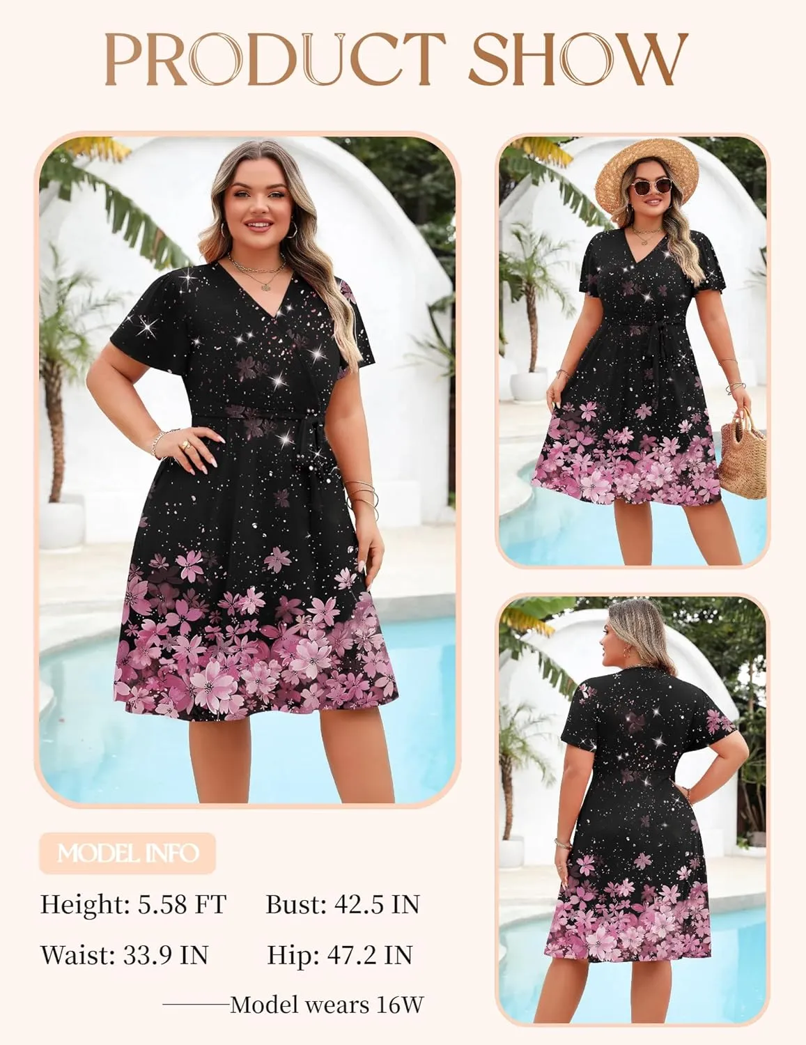 IN'VOLAND Women's Plus Size V Neck Knee Length Dress Casual Floral Dresses Summer Short Sleeve Sundress with Pockets