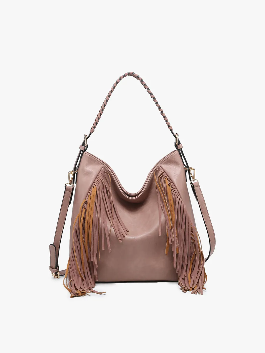 Jen & Co Sav Distressed Hobo With Fringe Detail In Mauve