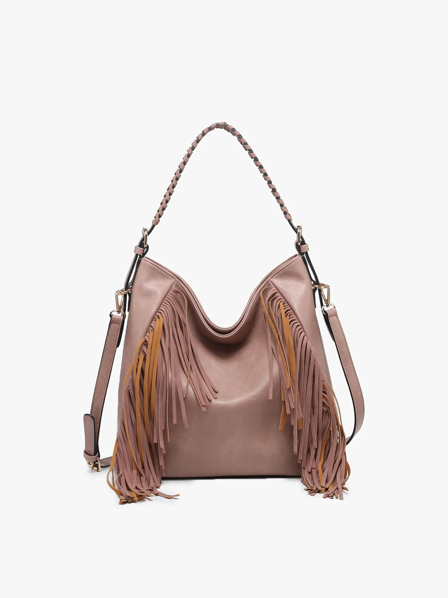 Jen & Co Sav Distressed Hobo With Fringe Detail In Mauve