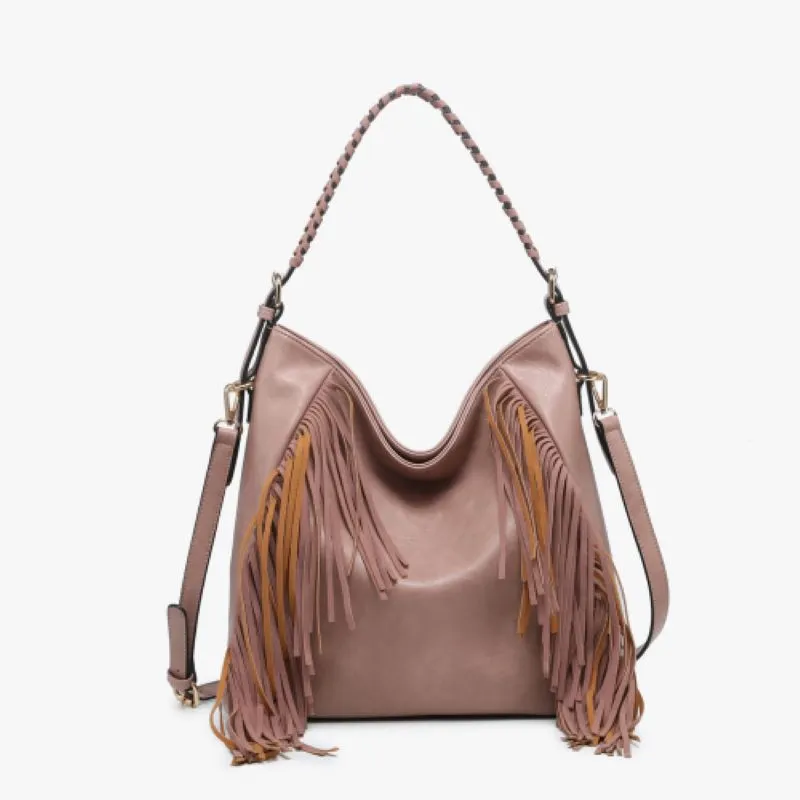 Jen & Co Sav Distressed Hobo With Fringe Detail In Mauve