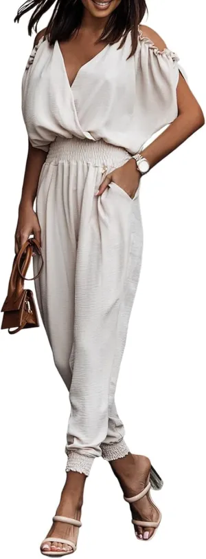 Jumpsuit for Womens Dressy Casual 2025 One Piece Romper Cold Shoulder Outfits for Summer