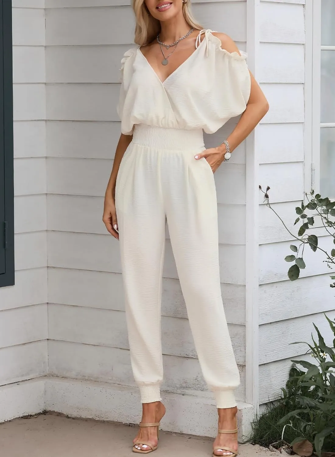 Jumpsuit for Womens Dressy Casual 2025 One Piece Romper Cold Shoulder Outfits for Summer