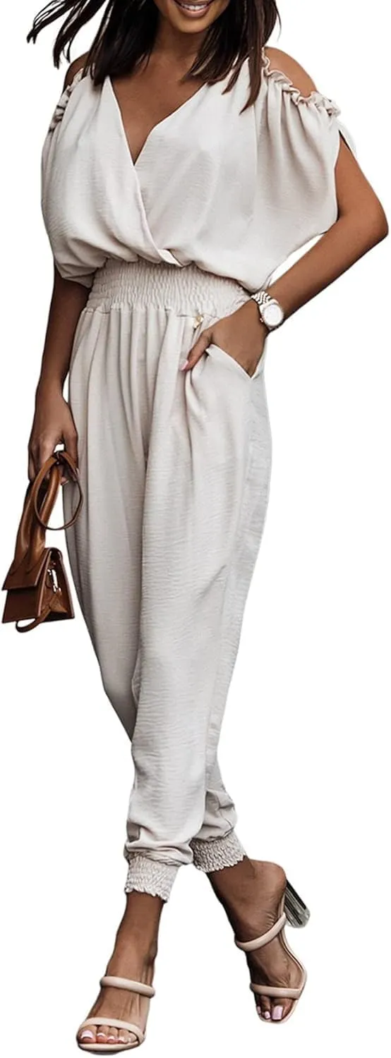 Jumpsuit for Womens Dressy Casual 2025 One Piece Romper Cold Shoulder Outfits for Summer