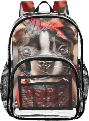 Kids Backpack for Girls Bulldog Cute Puppy Travel Clear Backpack Floral Pvc School Plastic Bookbag