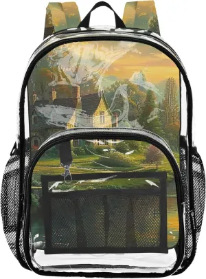 Kids Backpack for Girls Cottage Countryside Scenery Women Clear Backpack Cute Plastic School Clear Bookbag