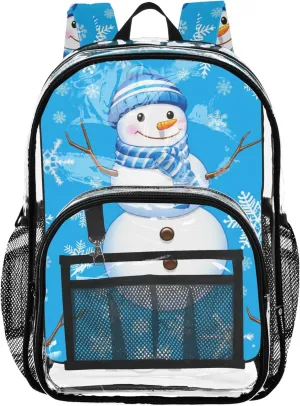 Kids Girls Backpack Boys Snowflake Snowman Blue Winter Travel Clear Bags for Women Plastic See through Bookbag
