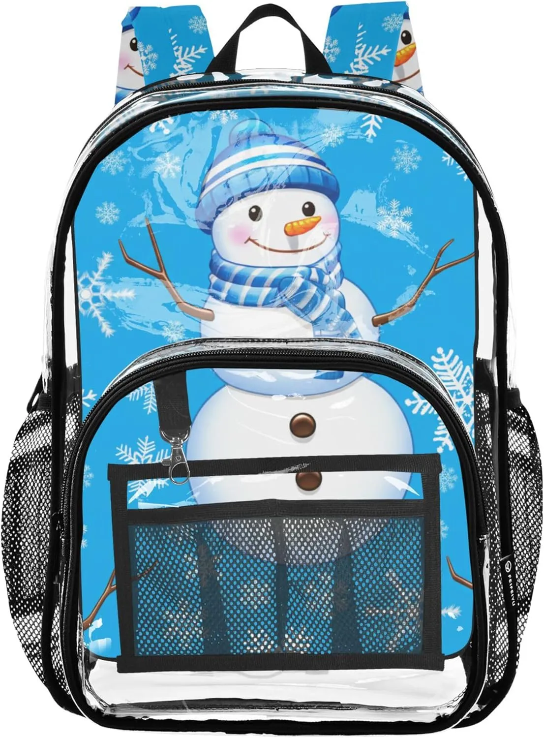 Kids Girls Backpack Boys Snowflake Snowman Blue Winter Travel Clear Bags for Women Plastic See through Bookbag