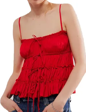 KMBANGI Women Y2k Tie Up Camisole Sleeveless Open Front Tie Babydoll Crop Top Spaghetti Strap Smocked Tiered Tank Tops