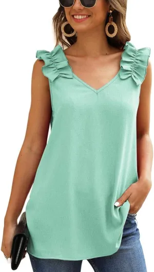 KUFV Womens Ruffles Shoulder V Neck Sleeveless Casual Summer Blouse Tunic Tank Tops