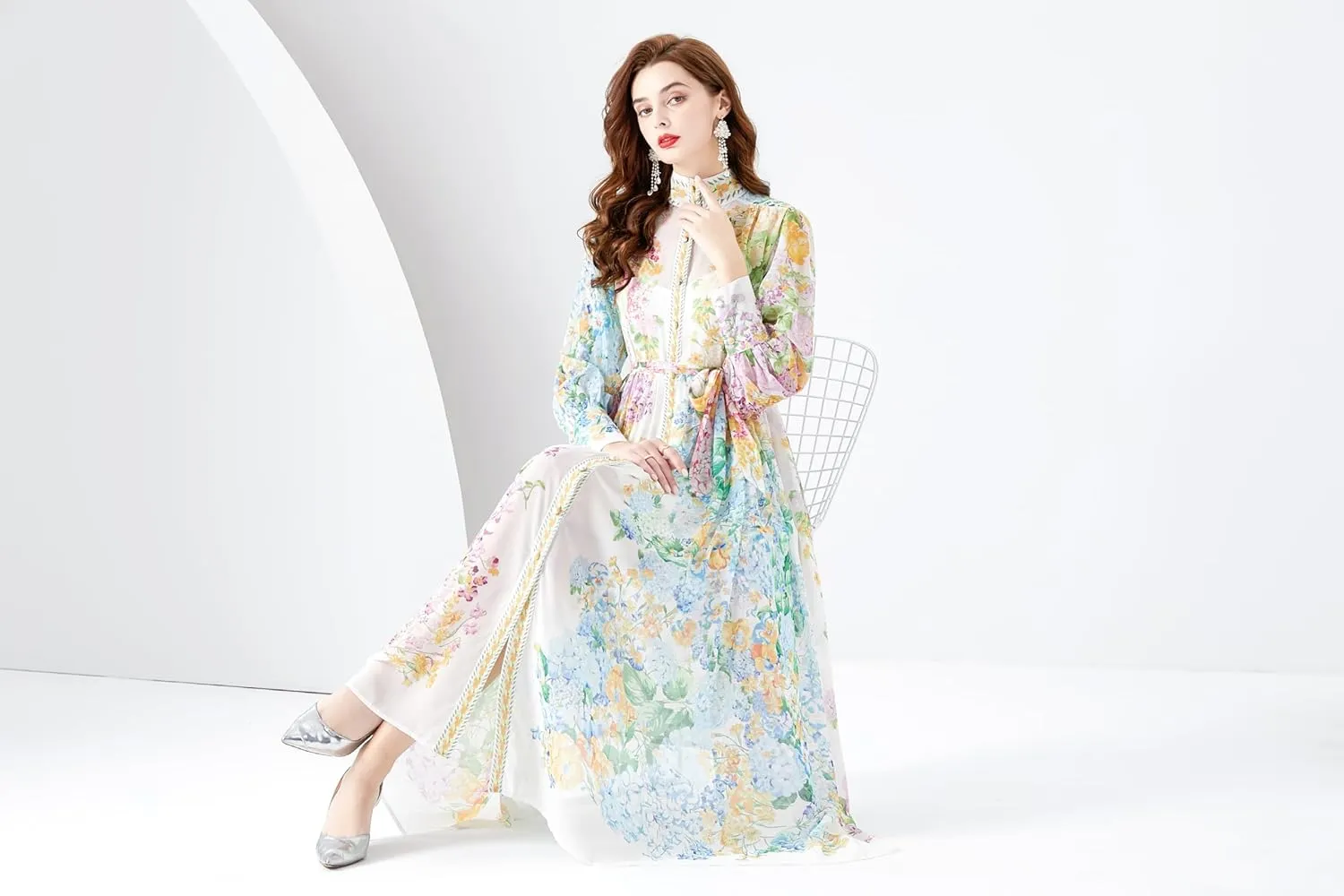 LAI MENG FIVE CATS Women Vintage Button Up Floral Print Casual Split A Line Flowy Maxi Belt Dress