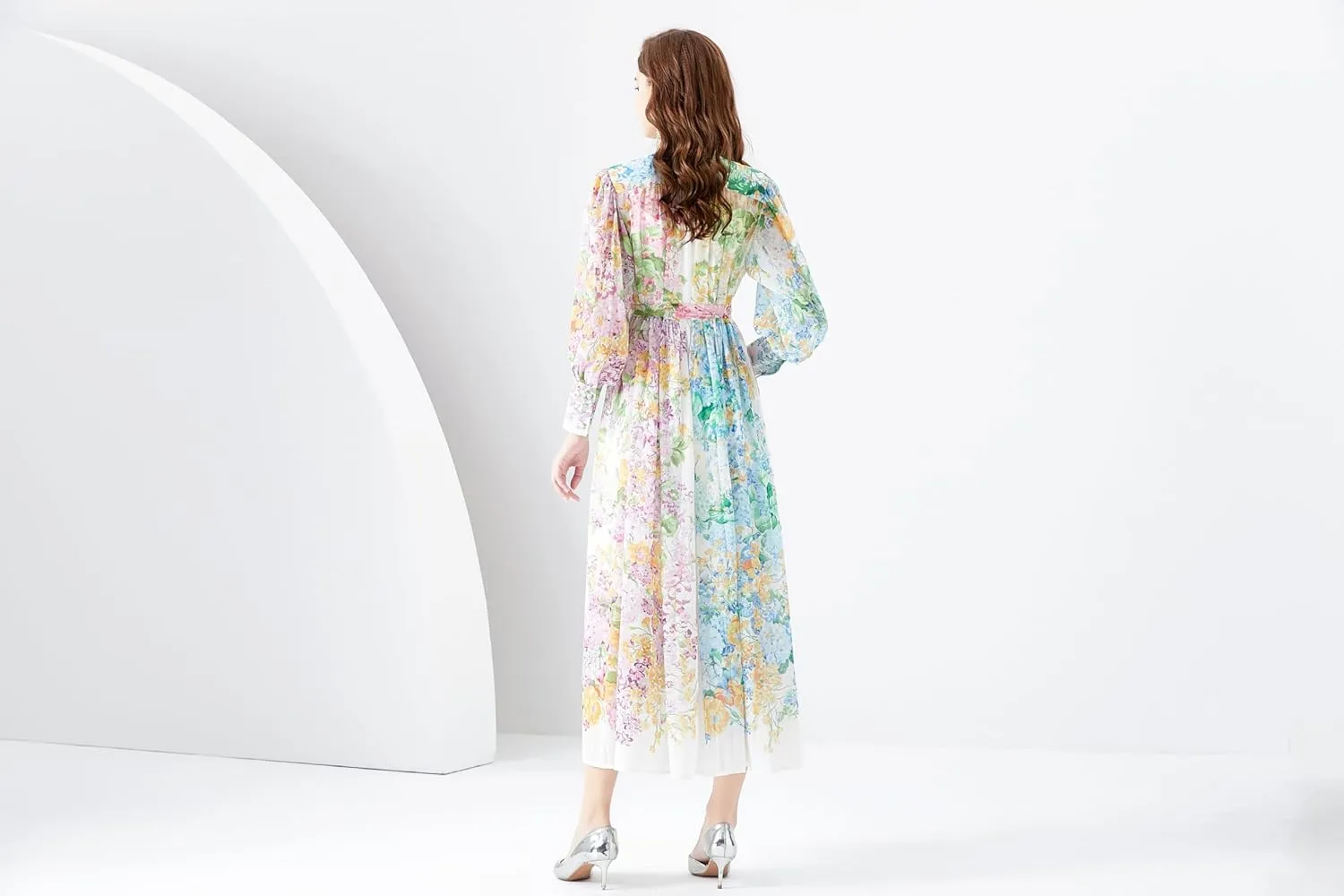 LAI MENG FIVE CATS Women Vintage Button Up Floral Print Casual Split A Line Flowy Maxi Belt Dress