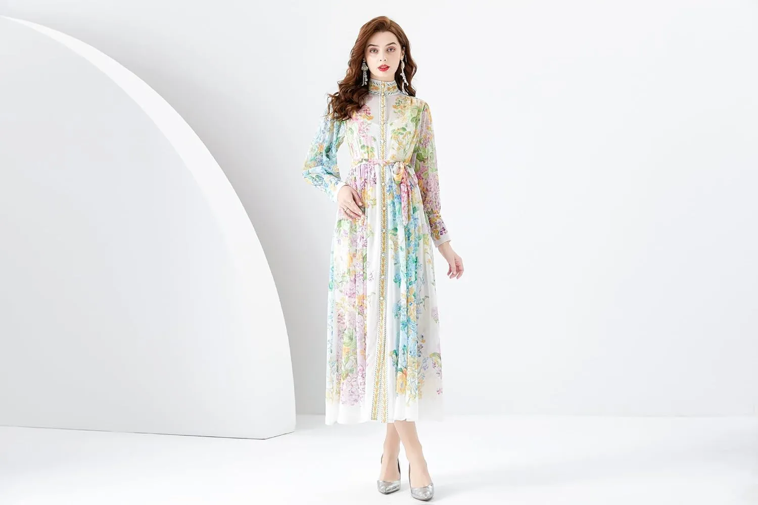 LAI MENG FIVE CATS Women Vintage Button Up Floral Print Casual Split A Line Flowy Maxi Belt Dress