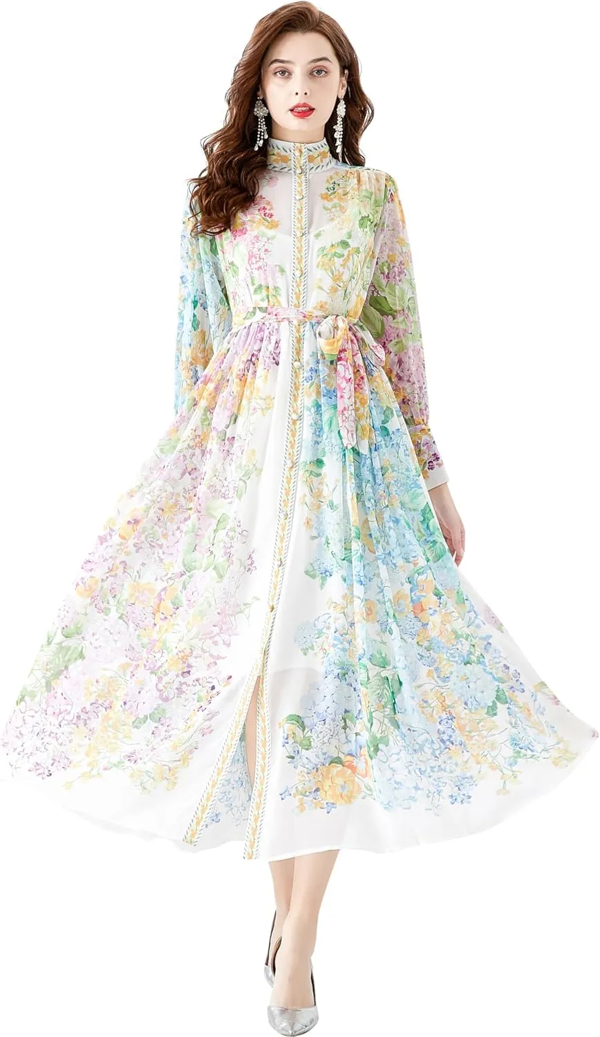 LAI MENG FIVE CATS Women Vintage Button Up Floral Print Casual Split A Line Flowy Maxi Belt Dress