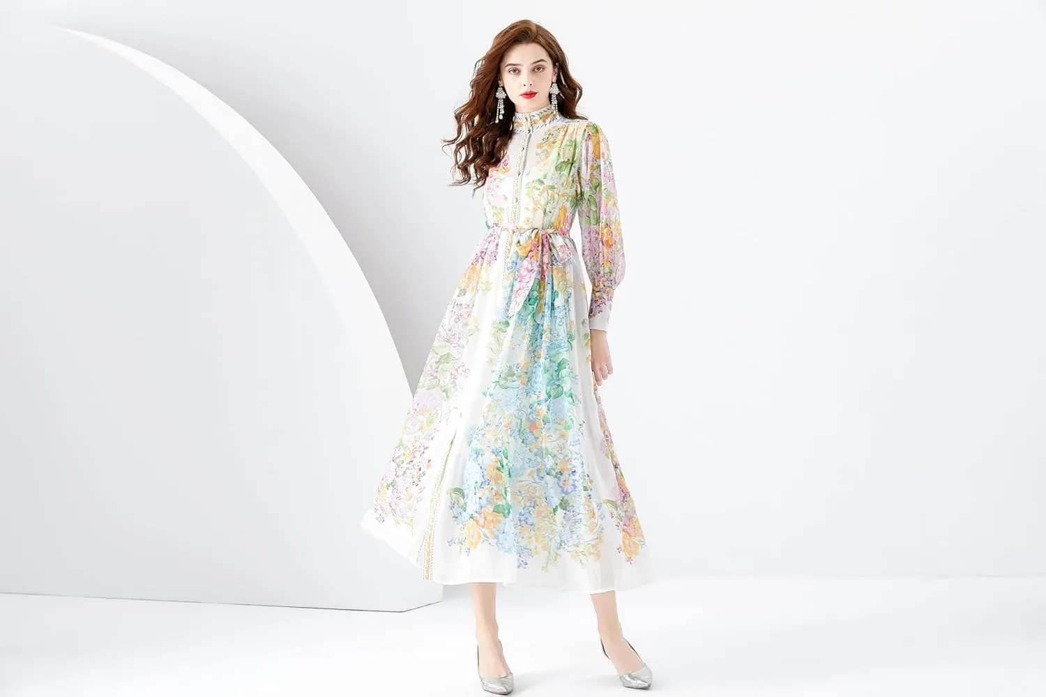 LAI MENG FIVE CATS Women Vintage Button Up Floral Print Casual Split A Line Flowy Maxi Belt Dress