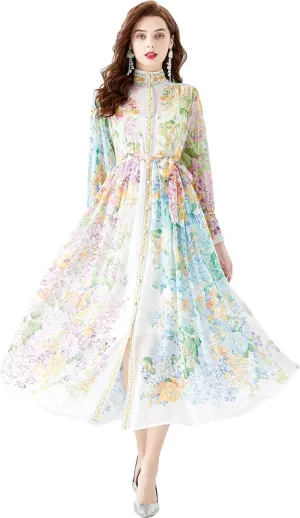 LAI MENG FIVE CATS Women Vintage Button Up Floral Print Casual Split A Line Flowy Maxi Belt Dress