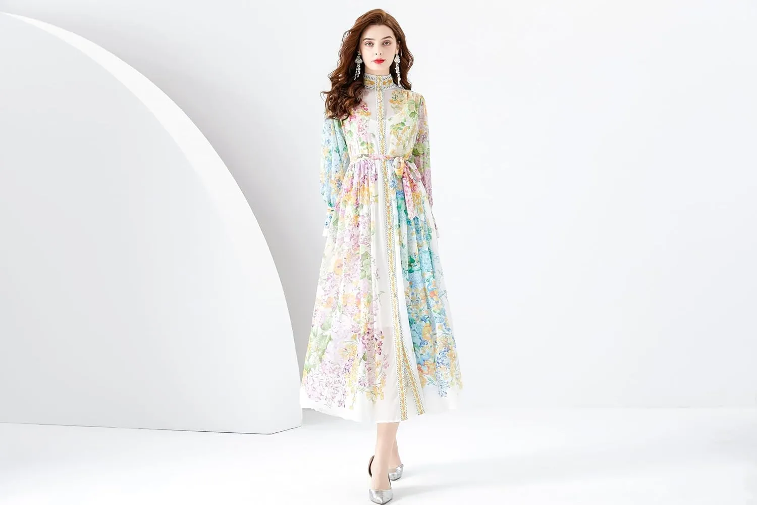 LAI MENG FIVE CATS Women Vintage Button Up Floral Print Casual Split A Line Flowy Maxi Belt Dress
