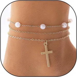 Layered Gold Cross Anklet Set for Women Dainty 14k Gold Pearl Stackable Anklets Beaded Link Chain Anklets Holiday Foot Jewelry Gifts