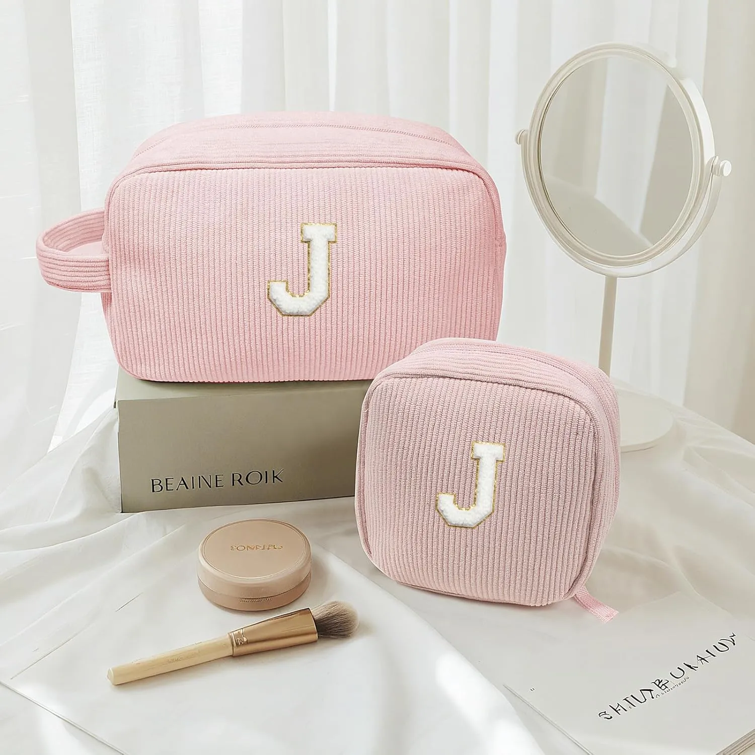 LETGO Birthday Gifts for Women Small Personalized Initial Monogram Makeup Bag,Preppy Corduroy Makeup Bags Travel Toiletry Bag Cute Pouch Purse for Her Mom Girlfriend Wife Sister Teacher Bridesmaid