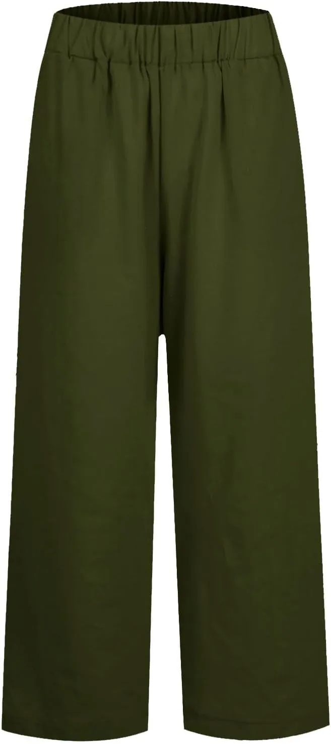 Linen Crop Pants for Women Summer Casual Straight Leg Trousers Loose fit Beach Vacation Capris Pants w Pocket